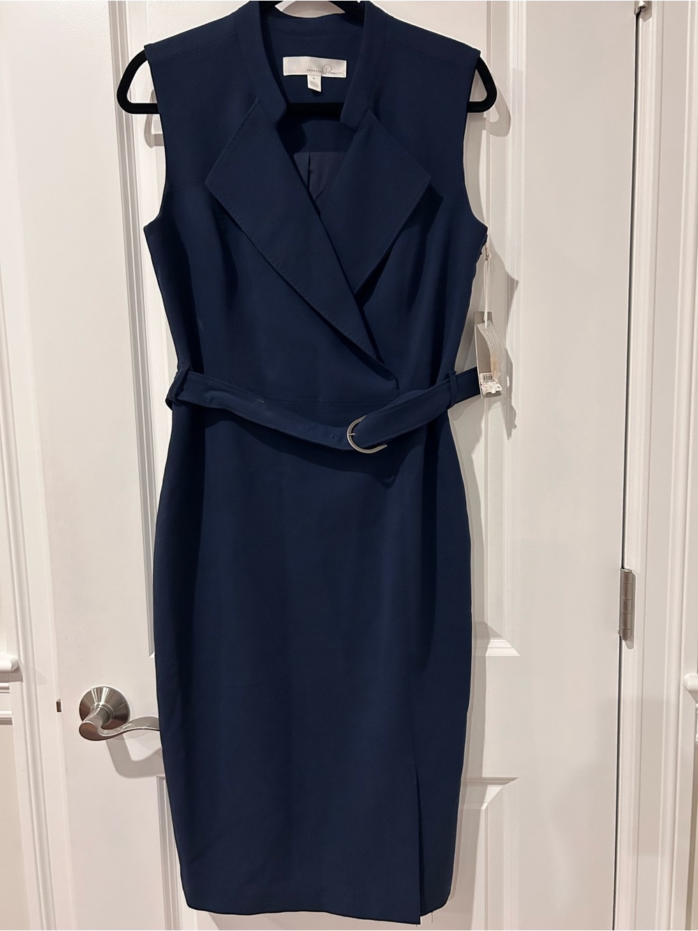 Sleeveless Navy Belted Sheath Dress